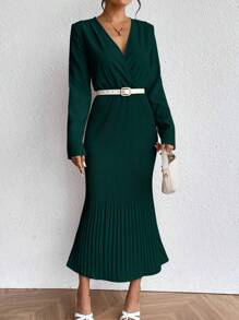 Chiquease 交疊領百褶下擺洋裝 - 墨綠色 - 查看 5