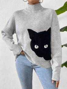 SHEIN Essnce Jersey con patrón de gato de cuello alto de hombros caídos - Gris - Ver 5