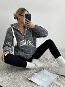 EURMUSE Letter Embroidery Kangaroo Pocket Drop Shoulder Drawstring Teddy Hoodie - Grey - View 4