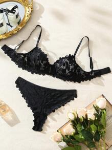 Floral Lace Scallop Trim Underwire Lingerie Set - Black - View 6