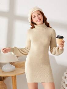 SHEIN 青少年女孩高領燈籠袖條紋針織毛衣洋裝