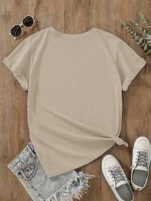 SHEIN EZwear Talla grande Camiseta con estampado de slogan - Caqui - Ver 2