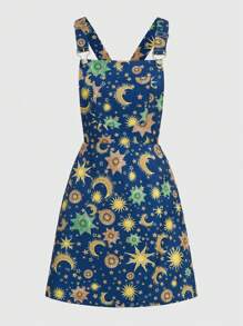 ROMWE Fairycore Sun & Moon Print Overall Dress - Rust Brown - View 1