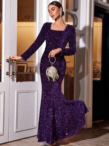 Square Neck Sequin Formal Dress - Purple - View 1