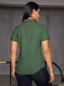 SHEIN Privé 素色翻蓋口袋牛仔襯衫 - 軍綠色 - 查看 2