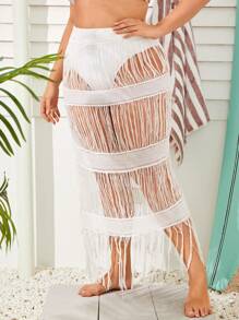 SHEIN Swim Curve 大码女式流苏罩衫裙 夏季 - 白色 - 查看 4