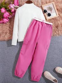 SHEIN Tween Girl Mock Neck Tee & Flap Pocket Pants With Belt - Pink - View 2
