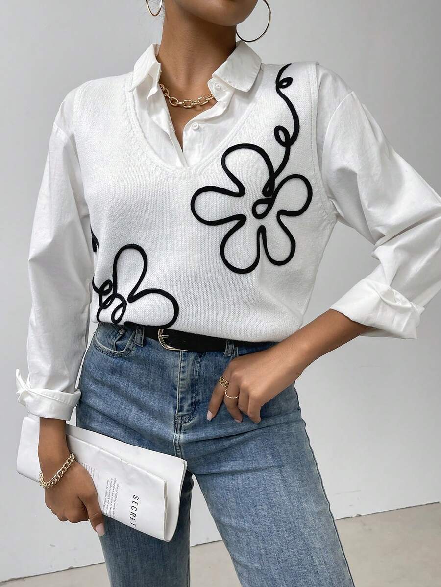 SHEIN Essnce Chaleco de punto con patrón floral sin camisa - Blanco - Ver 1