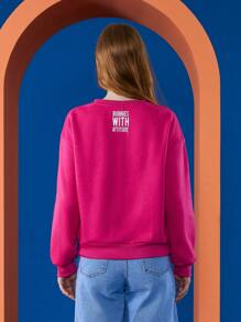 LOONEY TUNES X SHEIN 卡通和字母圖形下垂肩裁縫套衫 - 玫紅色 - 查看 2