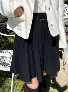 DAZY Solid Pleated Knit Skirt Without Belt Fall/Winter - Black - View 3