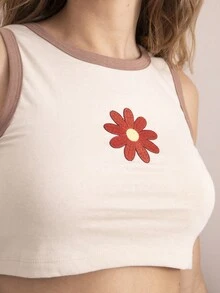 SHEIN 花卉圖案補丁貼撞色滾邊短款背心 - 米色 - 查看 5