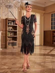 Fringe Hem Sequin Dress - Black - View 1