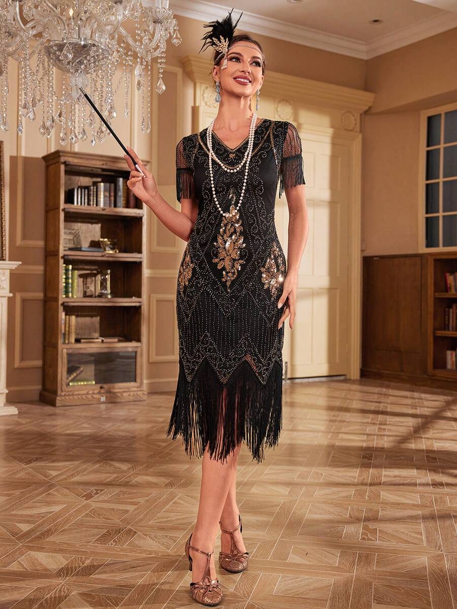 Fringe Hem Sequin Dress - Black - View 1