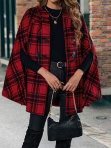 SHEIN ChicEase 格紋印花斗篷袖粗呢大衣 - 紅色 - 查看 3