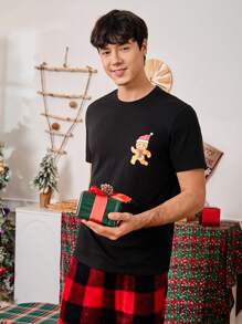 男士聖誕圖案休閒服T恤 - 黑色 - 查看 5