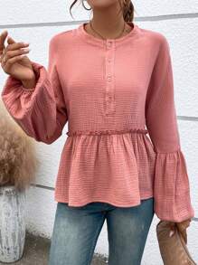 SHEIN VCAY Half Button Lantern Sleeve Peplum Blouse - Dusty Pink - View 3