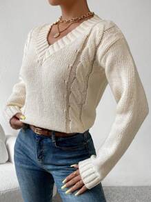 SHEIN Essnce Solid Cable Knit V Neck Sweater - Beige - View 5