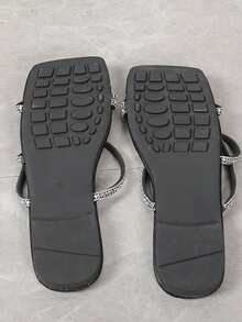 Women's Flat Mules Slipper With Rhinestone Decorated Strap, Comfortable Open Toe Sandal - Black - View 3