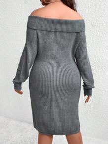 SHEIN Unity Talla grande Vestido de punto de hombros descubiertos tejido de canalé sin cinturón - Gris - Ver 2