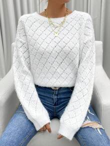 SHEIN Privé Guipure Lace Back Drop Shoulder Sweater - White - View 5