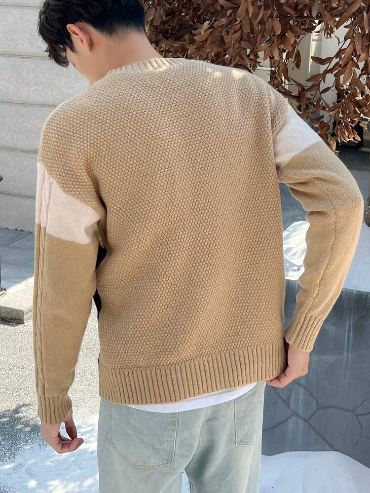 Men Color Block Cable Knit Drop Shoulder Sweater
