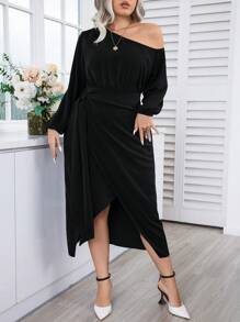 SHEIN Clasi Plus Asymmetrical Neck Lantern Sleeve Draped Side Wrap Hem Dress - Black - View 5