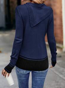 SHEIN LUNE Cowl Neck Button Detail Colorblock Sweater