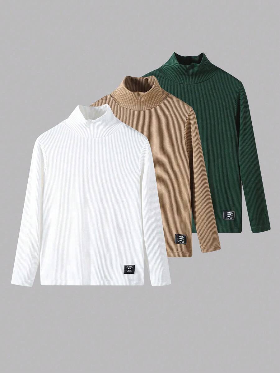 Cậu bé Tween 3pcs Chi tiết Patched thư Cổ cao Áo thun - màu xanh lá - Xem 1