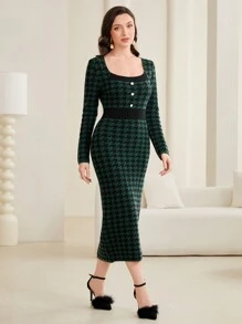 Modelyn Của phụ nữ In Houndstooth Đầm Áo len Với Hình vuông Đường viền cổ áo - màu xanh lá - Xem 4