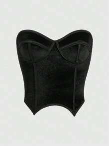 ROMWE Goth 素色絲絨緊身上衣抹胸上衣 - 黑色 - 查看 1