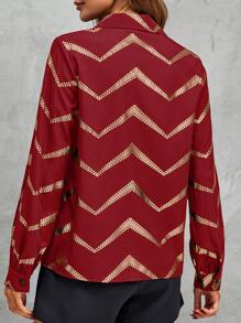 SHEIN LUNE Chevron Print Lantern Sleeve Blouse - Burgundy - View 2