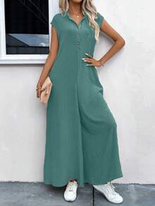 SHEIN LUNE Solid Hidden Pocket Longline Shirt Jumpsuit - Green - View 5
