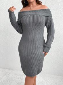 SHEIN Unity Talla grande Vestido de punto de hombros descubiertos tejido de canalé sin cinturón - Gris - Ver 4