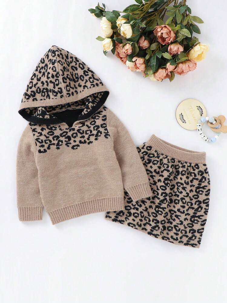 Little Girls' Leopard Pattern Spliced Hoodie And Skirt 2pcs/set