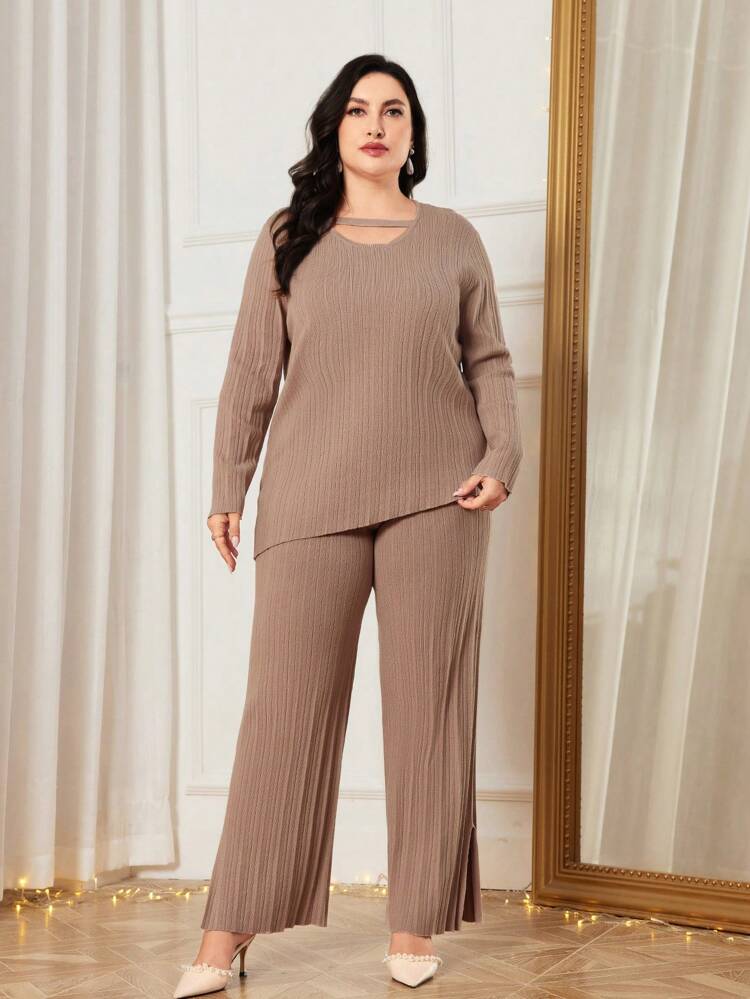 Plus Cut Out Sweater & Knit Pants 2 Piece Set