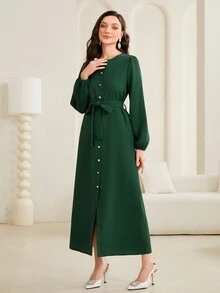 Al Najma Lantern Sleeve Belted Dress - Green - View 4