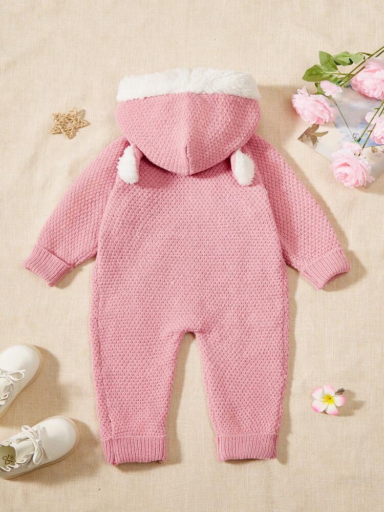 Baby Girl 3D Ears Design Button Front Hooded Cable Knit Jumpsuit