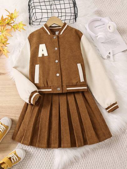 Sparklyn Tween Girl Letter Patched Striped Trim Cord Varsity Jacket & Pleated Skirt