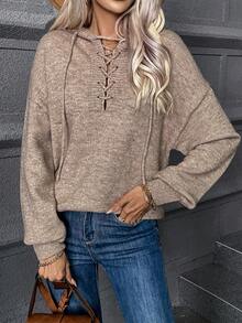 SHEIN Clasi Lace lên phía trước Thả vai áo có mũ Áo len - Màu nâu  Mocha - Xem 5