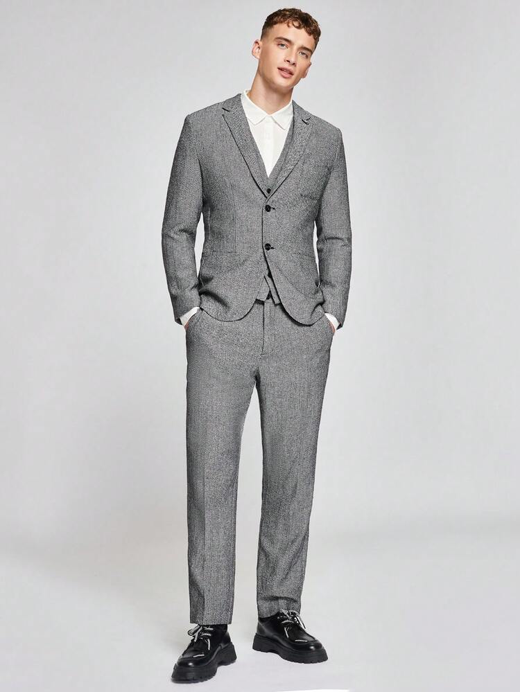 Men 1pc Lapel Neck Blazer & 1pc Pants & 1pc Waistcoat, Fall/Winter Clothes