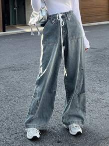 DAZY 抽绳腰阔腿牛仔裤，宽松牛仔裤 - 藍色 - 查看 3