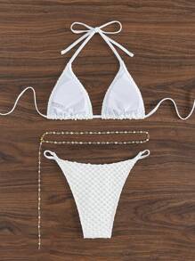 SHEIN Swim Summer Beach Women's Textured Fabric Halter Neck Bikini Set - White - View 2