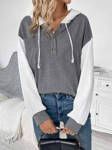 SHEIN Essnce Colorblock Half Button Drawstring Hoodie - Dark Grey - View 5