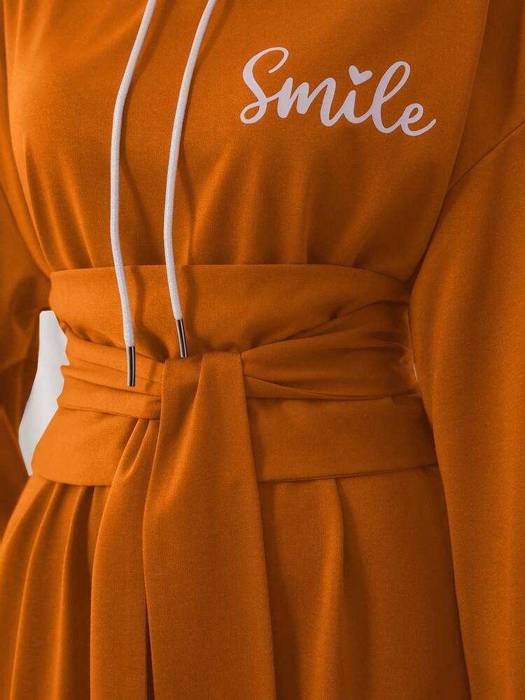 Letter Graphic Drop Shoulder Belted Hooded Dress