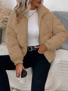 SHEIN LUNE Zip Up Corduroy Padded Coat In Fall/Winter - Khaki - View 4