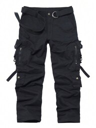 yuehaibao Men's Solid Color Zipper Pocket Straight Loose Casual Cargo Pants, For Fall