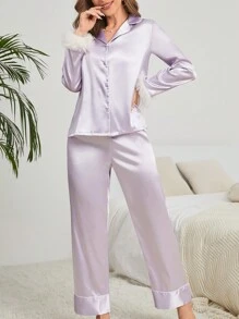 Fuzzy Trim Satin PJ Set - Mauve Purple - View 2