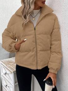 SHEIN LUNE Zip Up Corduroy Padded Coat In Fall/Winter - Khaki - View 5
