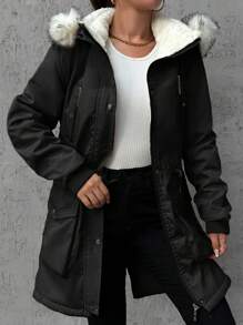 EURMUSE Flap Pocket Fuzzy Trim Hooded Thermal Lined Drawstring Waist Parka Coat - Black - View 4