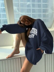 DAZY Women's Letter Printed Drop Shoulder Sweatshirt,Fall Women Clothes - Navy Blue - View 1